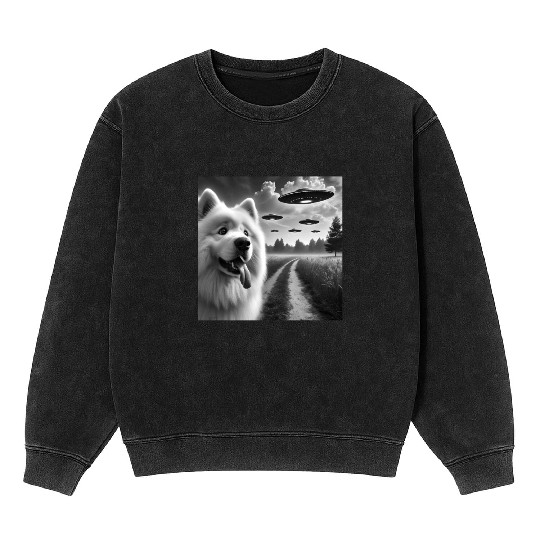 Samoyed Dog Funny Graphic Selfie with UFOs Weird A Mineral Wash Sweatshirts