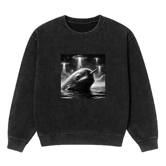 Narwhal Funny Graphic Selfie with UFOs Weird Alien Mineral Wash Sweatshirts