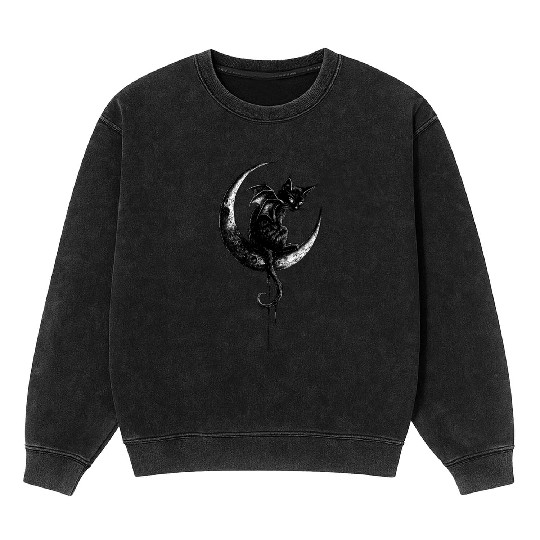 Cat With Bat Wings Sitting On Crescent Moon Goth Mineral Wash Sweatshirts