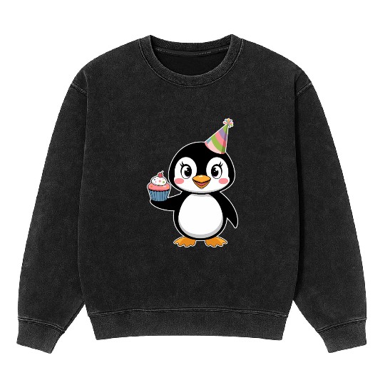 Birthday Joyful Penguin With Cupcake Mineral Wash Sweatshirts