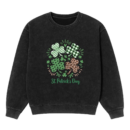 Plaid Leopard Print Shamrock St. Patrick's Day Mineral Wash Sweatshirts