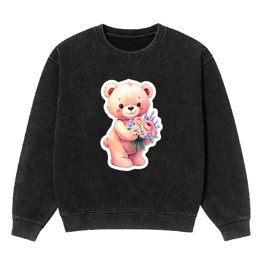 Teddy bear with bouquet of flowers Mineral Wash Sweatshirts