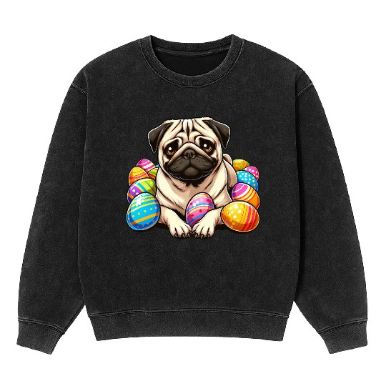 Cute Pug Easter Egg Cartoon Relax Chill Mineral Wash Sweatshirts