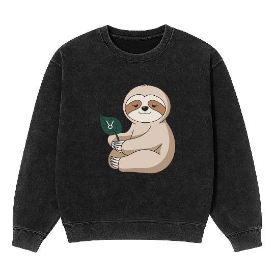 Taurus Zodiac Sloth Holding Leaf Mineral Wash Sweatshirts
