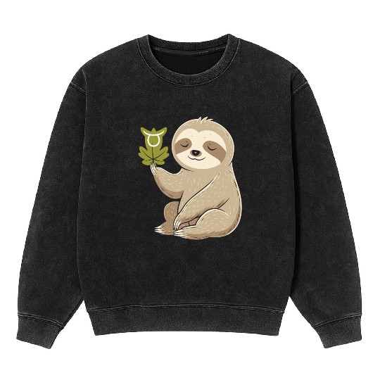 Taurus Zodiac Sloth with Leaf Symbol Serenity Mineral Wash Sweatshirts