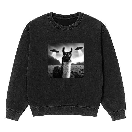 Llama alpaca Funny Graphic Selfie with UFOs Weird Mineral Wash Sweatshirts