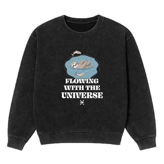 Pisces Zodiac Sloth Flowing With The Universe Mineral Wash Sweatshirts