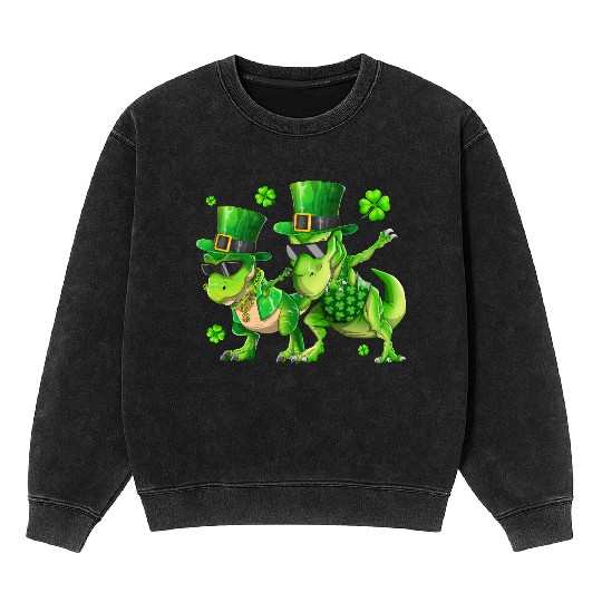 Happy St Patricks Day Dinosaur T-rex Dabbing Mineral Wash Sweatshirts