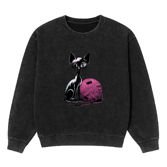 Charming Cat and Wool Ball Art for Cat Lovers Mineral Wash Sweatshirts