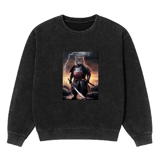 Japanese Cat Samurai Cat Mineral Wash Sweatshirts