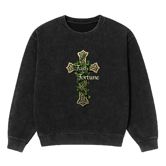Celtic Cross Faith & Fortune Shamrock Design Mineral Wash Sweatshirts