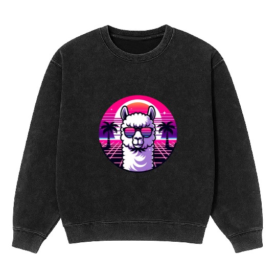 Retro Sunset Llama with Sunglasses in Neon Vibes Mineral Wash Sweatshirts