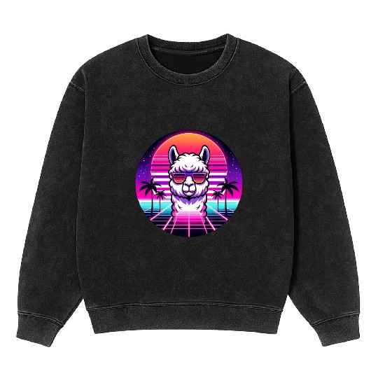 Retro Cool Llama with Neon Sunset Vibes Mineral Wash Sweatshirts