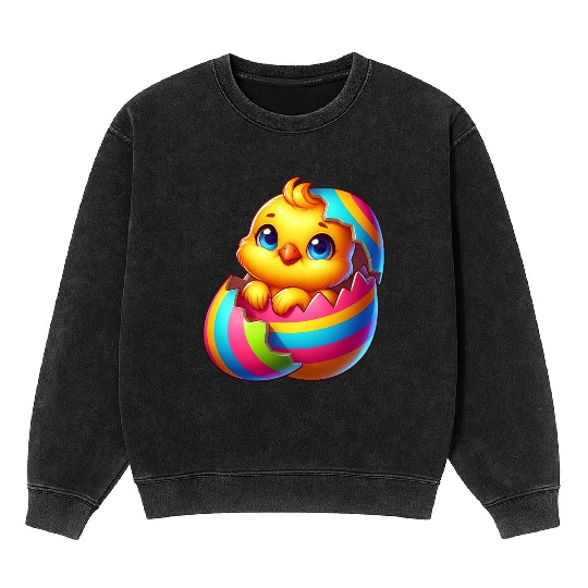 Cute Chick Cartoon Colorful Easter Egg Hatching Mineral Wash Sweatshirts