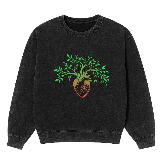 Nature-Inspired Anatomical Heart & Tree Design Mineral Wash Sweatshirts
