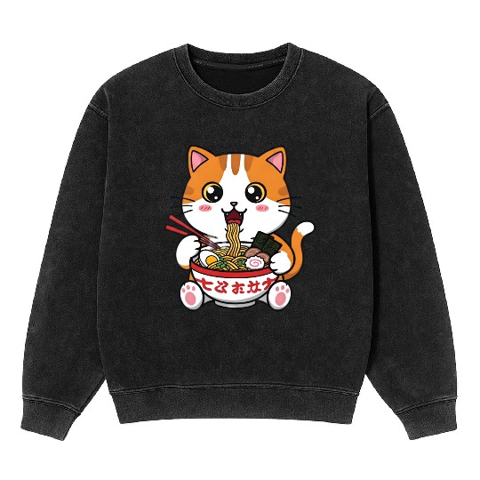 Kawaii Ramen Cat Mineral Wash Sweatshirts
