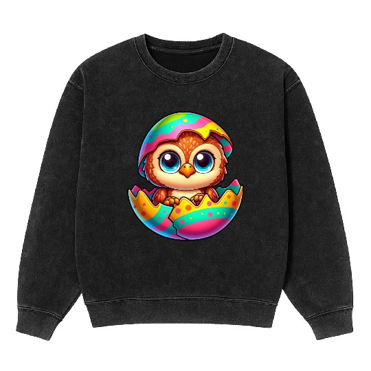 Cute Owl Easter Egg Cartoon Hatching Colorful Mineral Wash Sweatshirts