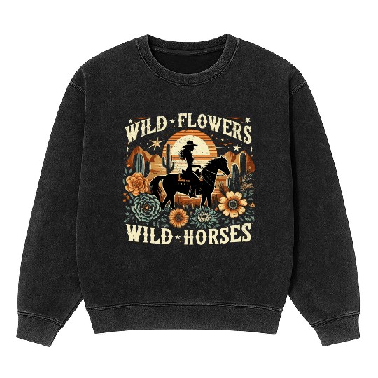 Retro Southern Sunset Cowgirl Wild Flowers Wild Ho Mineral Wash Sweatshirts