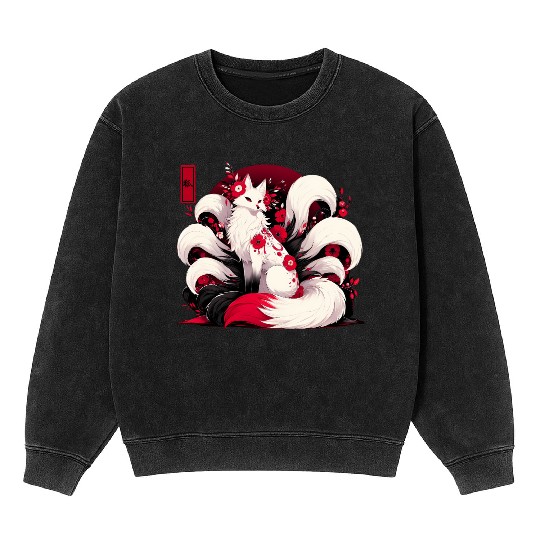Kitsune Fox Red spider lily Flowers Japanese Nine Mineral Wash Sweatshirts