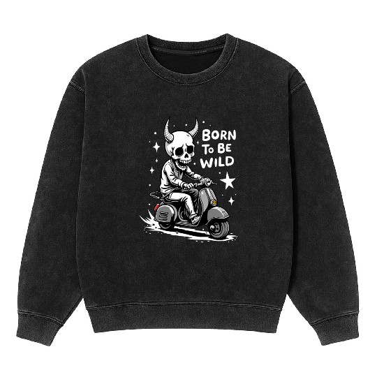 Born to Be Wild - Skull Devil on Scooter Mineral Wash Sweatshirts