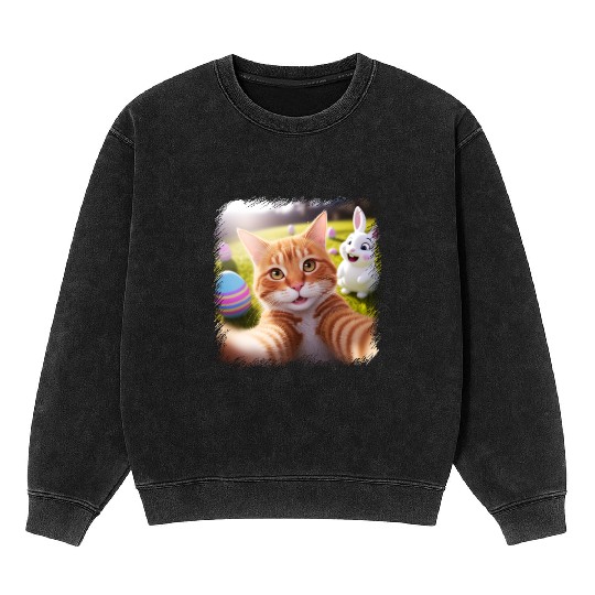 Cute Easter Selfie Cat Bunny Spring Mineral Wash Sweatshirts For Kids