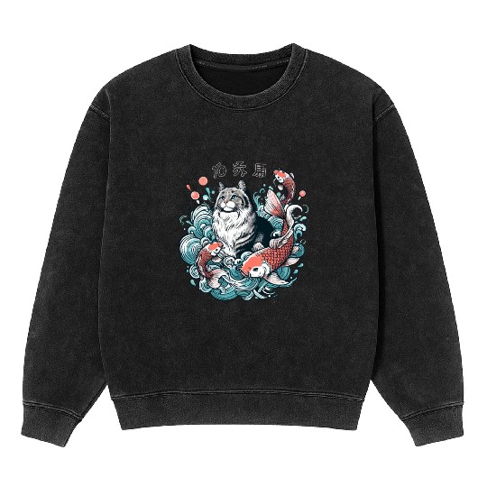 Flow with Grace - Majestic Cat & Koi Fish Mineral Wash Sweatshirts