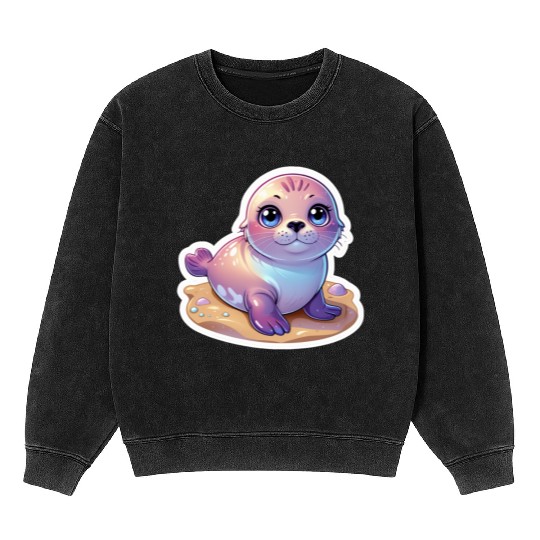 Adorable Seal Sticker Mineral Wash Sweatshirts