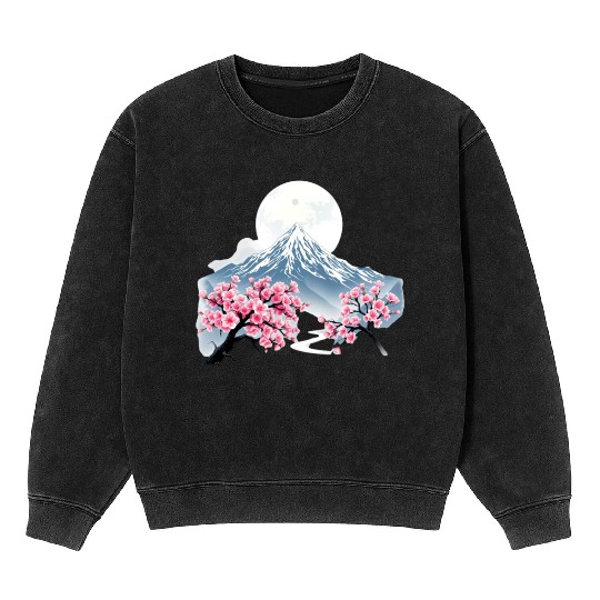 Japanese mount fuji Sakura tree Cherry blossom Mineral Wash Sweatshirts