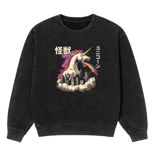 Kaiju Unicorn Japanese Monster Rainbow Mineral Wash Sweatshirts