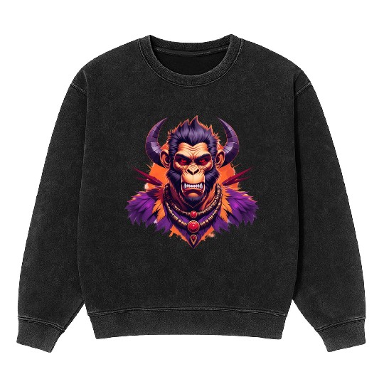 Tribal Monkey Warrior Mascot Illustration on White Mineral Wash Sweatshirts