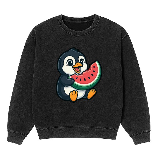 Penguin with Watermelon Summer Fruit Mineral Wash Sweatshirts