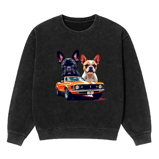 French Bulldogs with Classic Muscle Car – Retro Vi Mineral Wash Sweatshirts