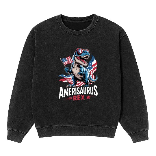 Amerisaurus T Rex Dinosaur 4th Of July US American Mineral Wash Sweatshirts