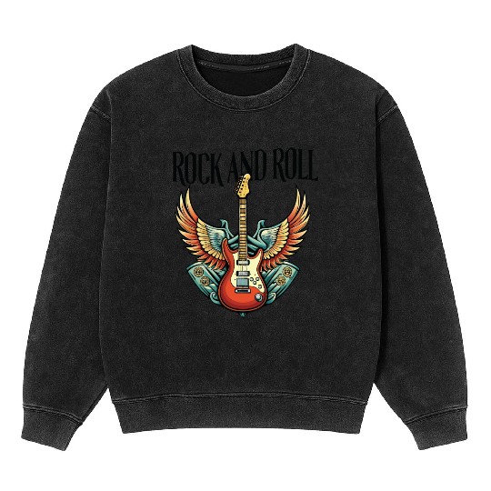 Vintage Retro 80s Rock Roll Music Guitar Wing Mineral Wash Sweatshirts