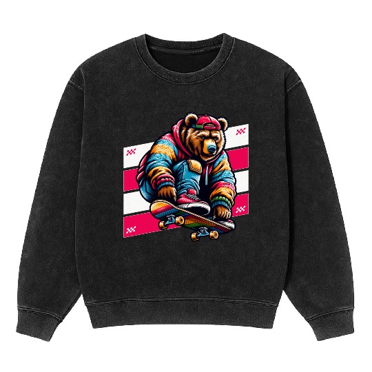 Radical Skater Bear – Urban Streetwear Style Mineral Wash Sweatshirts
