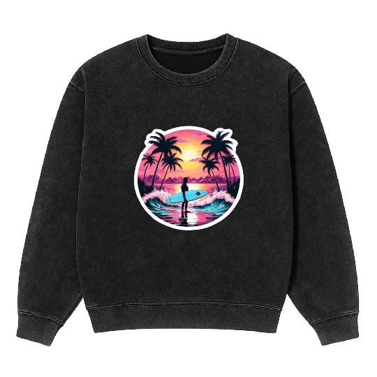80s Synthwave Surfer | Retro Sunset Mineral Wash Sweatshirts.