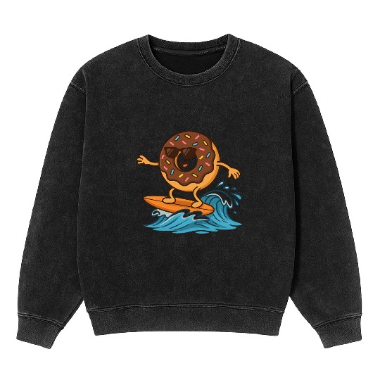 Cool Donut Surfing the Waves Cartoon Art Mineral Wash Sweatshirts