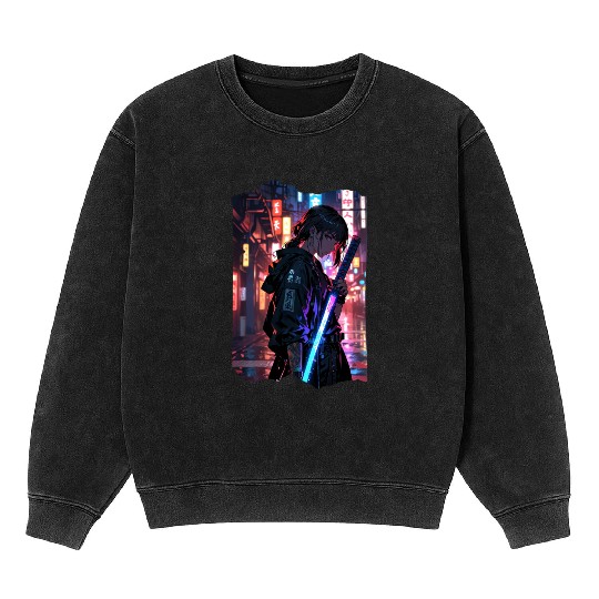 Cyberpunk Samurai Girl Mineral Wash Sweatshirts