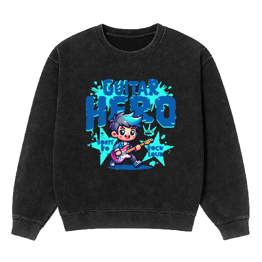 Guitar Hero Kid – Cute Rock Star Cartoon Mineral Wash Sweatshirts | Bor