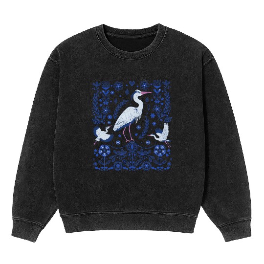 Great Blue Heron Folk Art Mineral Wash Sweatshirts