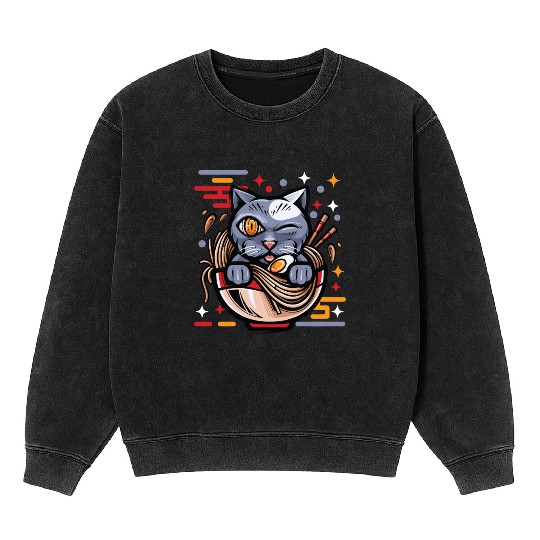 Cat Ramen Japanese Funny Japanese Kawaii Black Cat Mineral Wash Sweatshirts