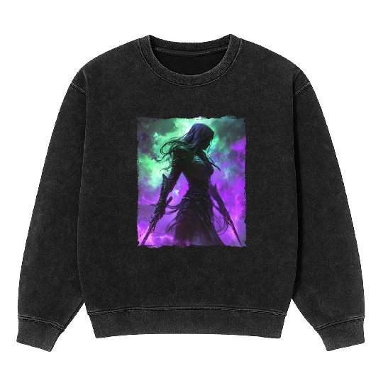 Mystical Assassin Woman In Violet Fog Fantasy Mineral Wash Sweatshirts