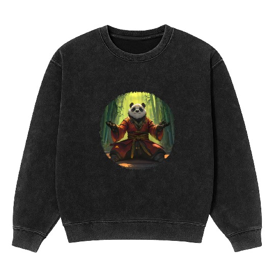 Meditating Panda In Bamboo Forest With Zen Energy Mineral Wash Sweatshirts