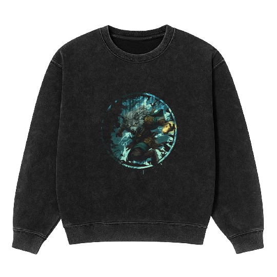 Mystical Werewolf With Magic In The Dark Forest Mineral Wash Sweatshirts