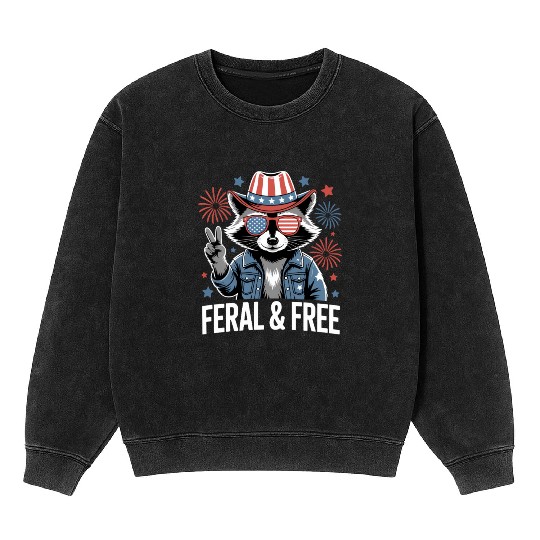 Feral And Free Patriotic Raccoon Mineral Wash Sweatshirts