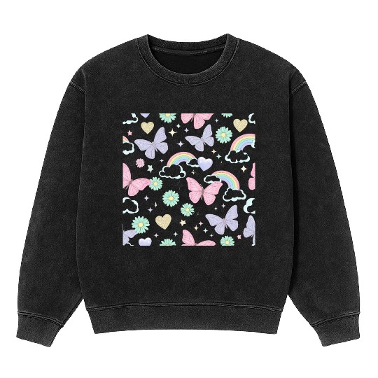 Whimsical Butterfly Garden & Stars Pattern Mineral Wash Sweatshirts