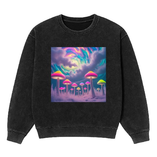 Neon Mushroom Forest – Psychedelic Minimalist Mineral Wash Sweatshirts