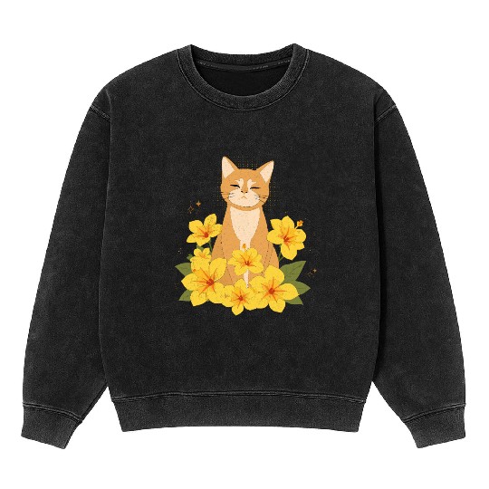 Orange Cat Surrounded by Yellow Hibiscus Flowers Mineral Wash Sweatshirts