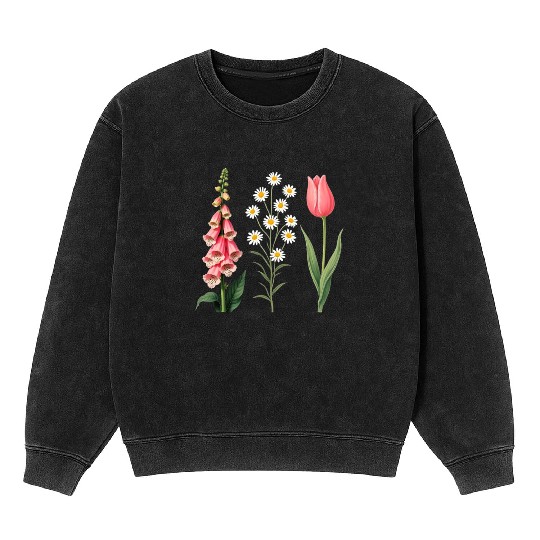 Foxglove Daisy Tulip Vintage Botanical Flowers Mineral Wash Sweatshirts