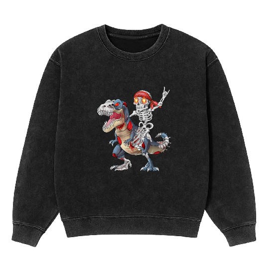 Rocker Skeleton Riding Zombie Dinosaur Halloween Mineral Wash Sweatshirts